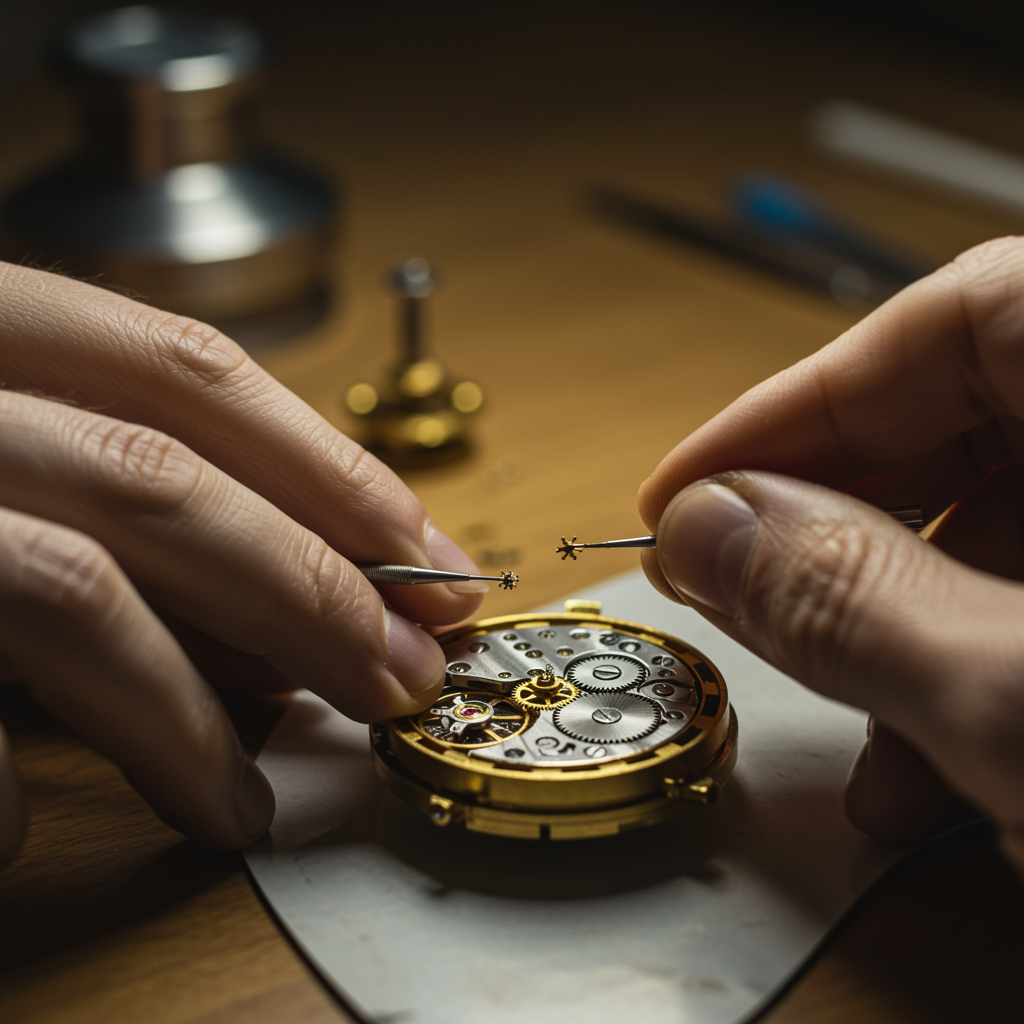 Independent Swiss watchmaker assembling a luxury mechanical movement by hand.