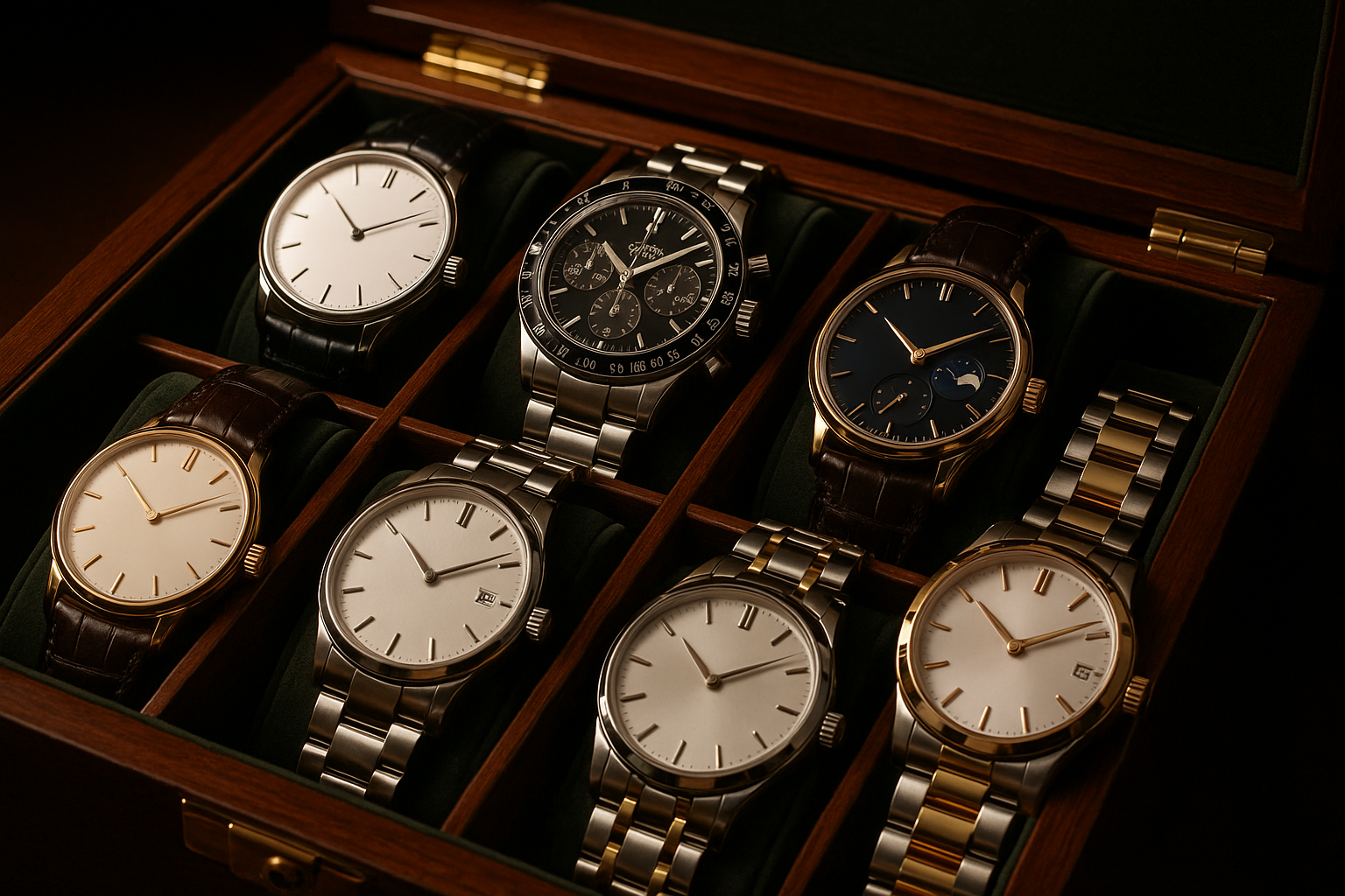 Collection of luxury Swiss watches displayed in wooden case.