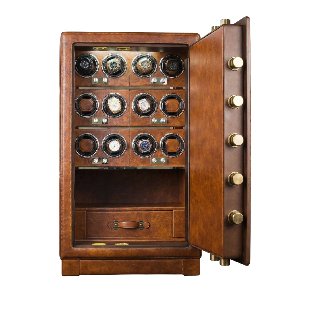 Apollo™ 12 Watch Safe — Burl Walnut (Brown Leather Interior)