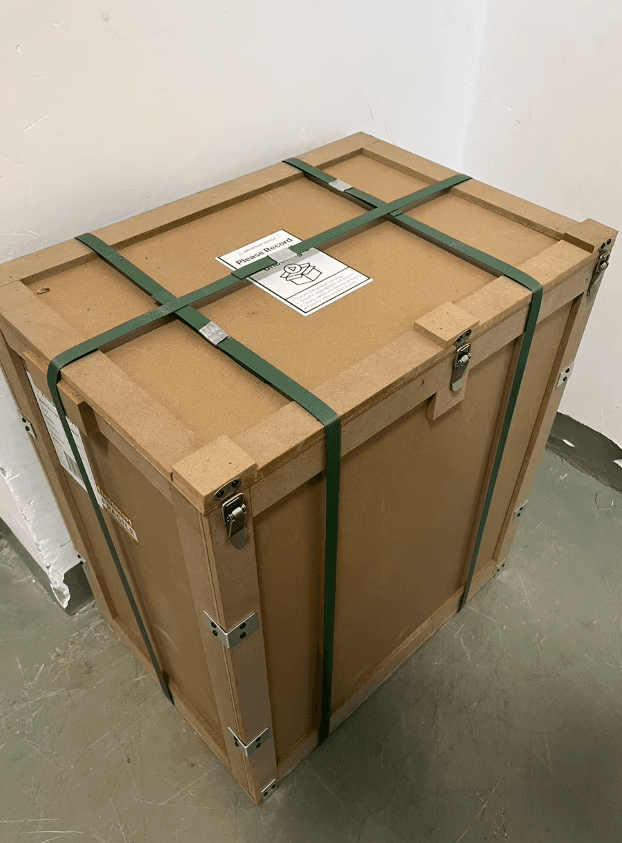 A finished vault crated for delivery