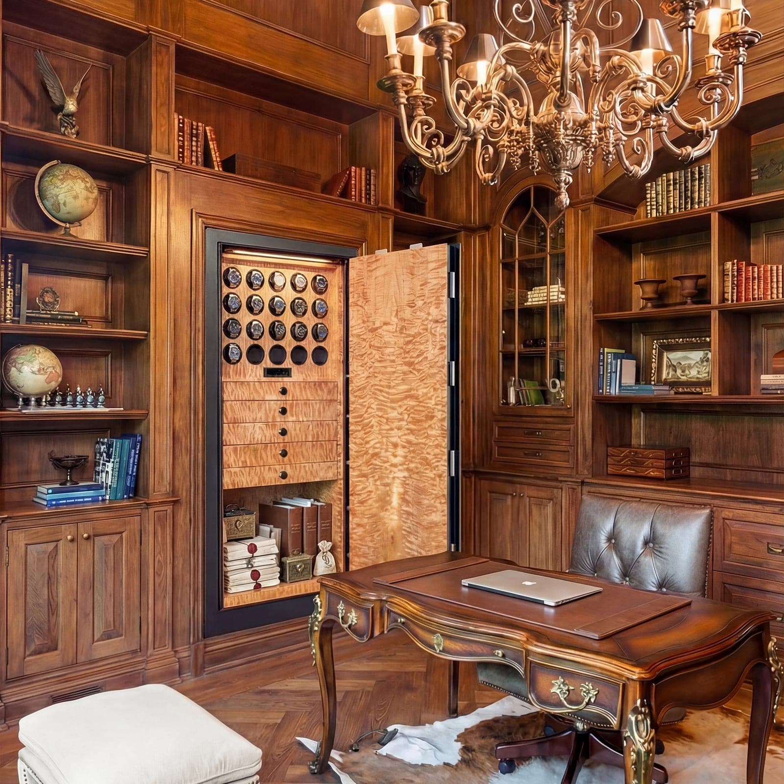 A winder cabinet built into a panelled library