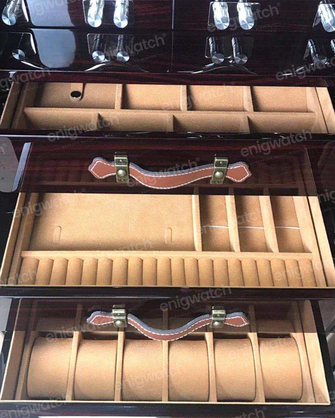 Lined presentation drawers with hand-stitched brown leather pulls