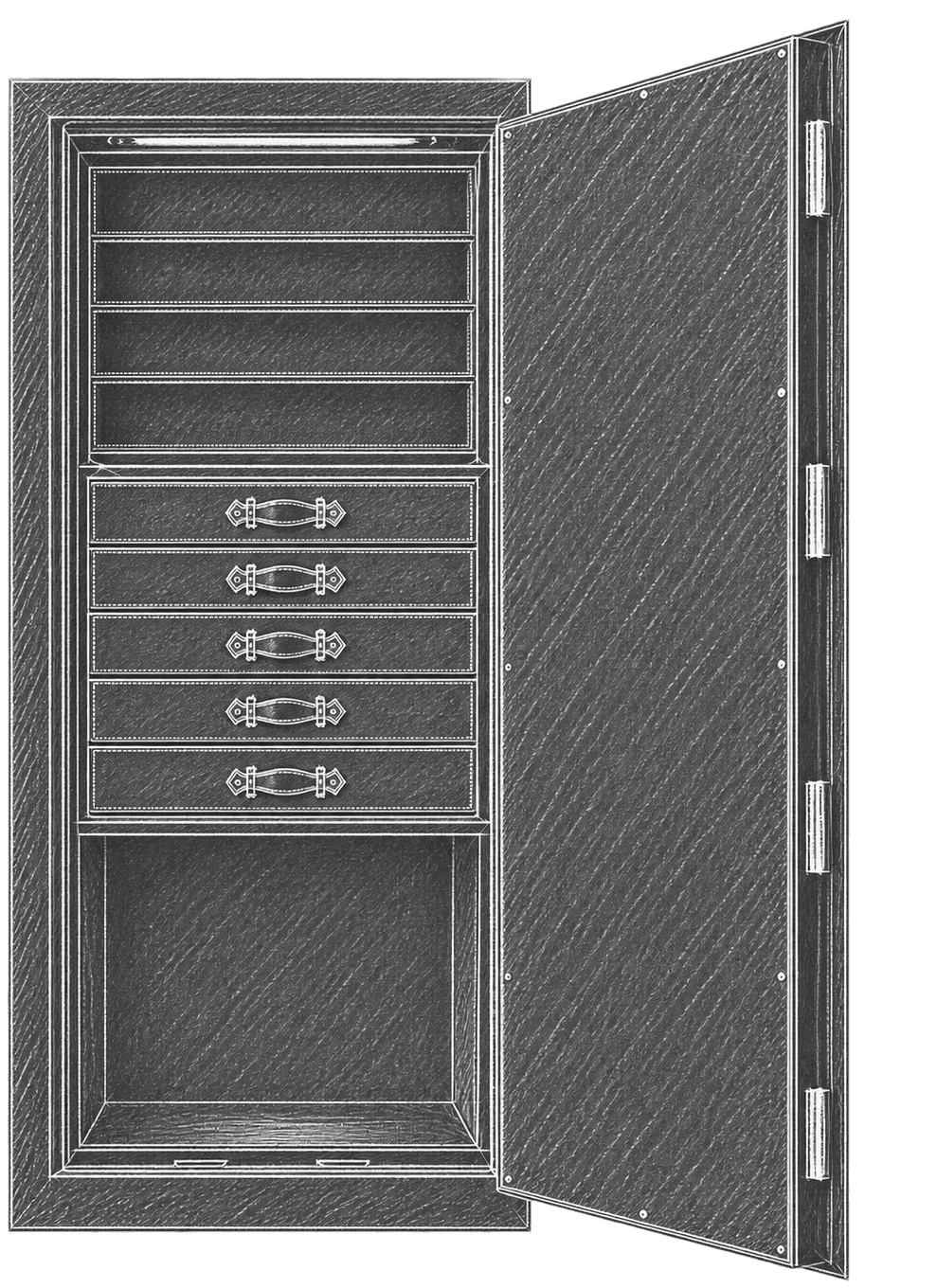 Technical sketch of an Enigwatch safe, door open