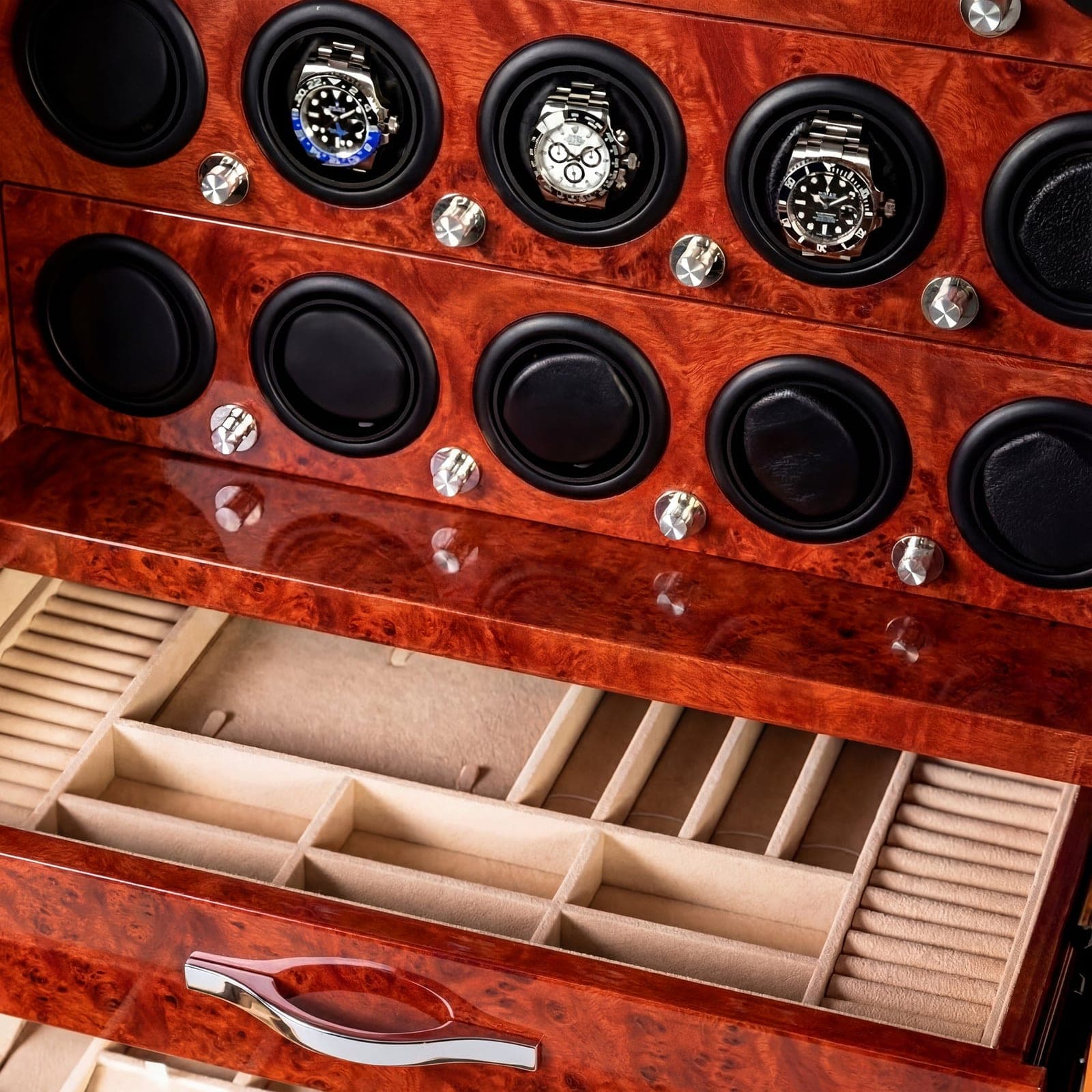 A Veron Elite winder in red burl wood