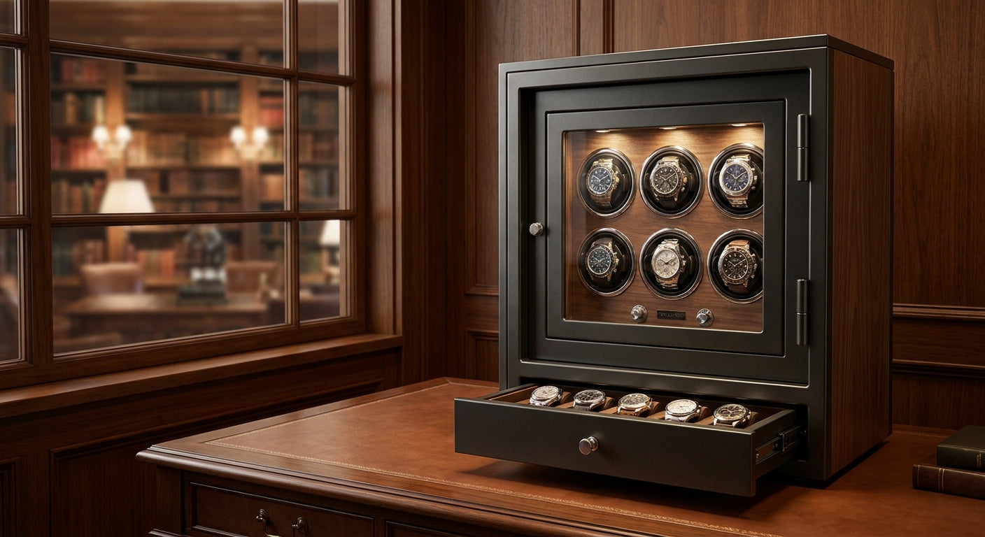 Watch safe with winder for a 6-watch collection