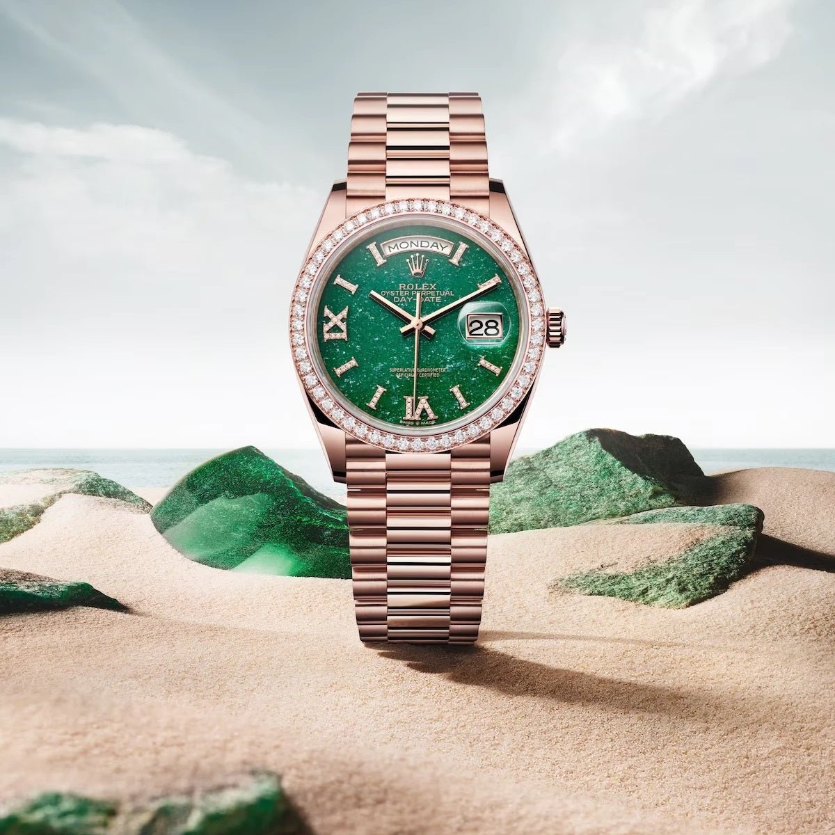 New Rolex DayDate 36 Ref 128345RBR Green Aventurine Watch in 2024