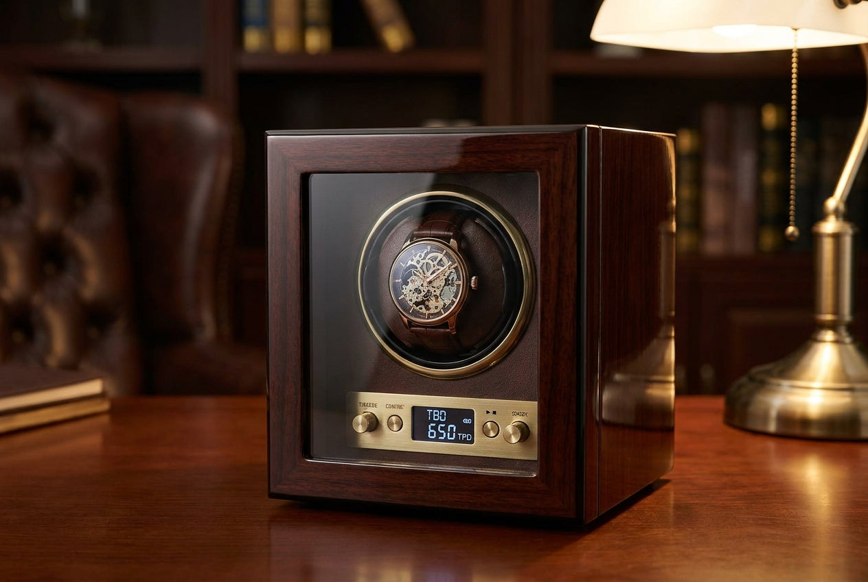 Watch winder for a skeleton watch: display settings