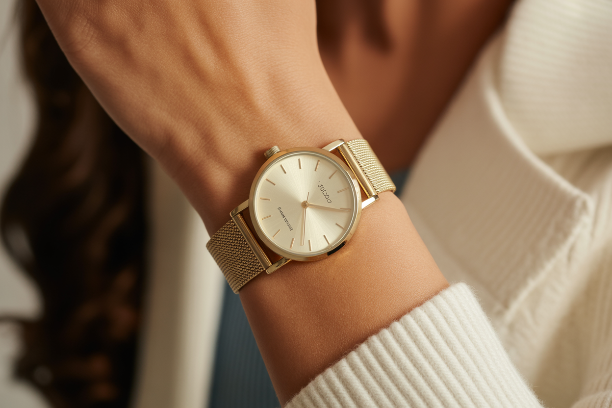 Close-up of a minimalist gold women’s watch with mesh strap.